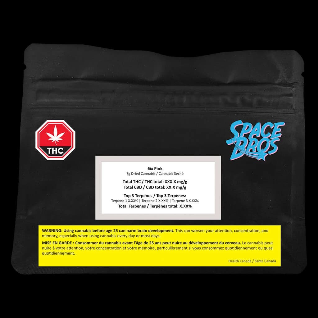 Space Bros 6ix Pink 7g dried cannabis flower pouch with THC warning label and Health Canada regulatory information