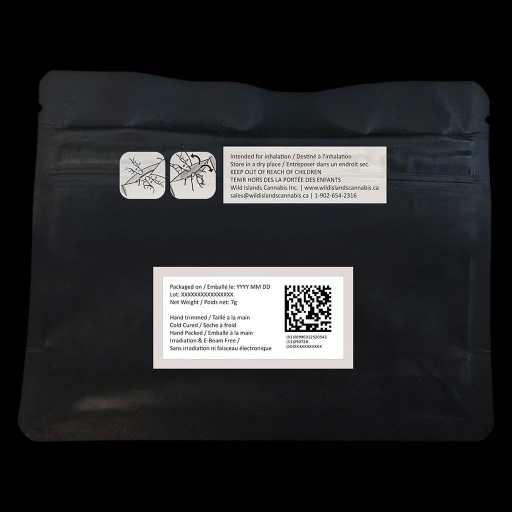 Space Bros 6ix Pink 7g dried flower pouch, back panel showing regulatory labels and QR code