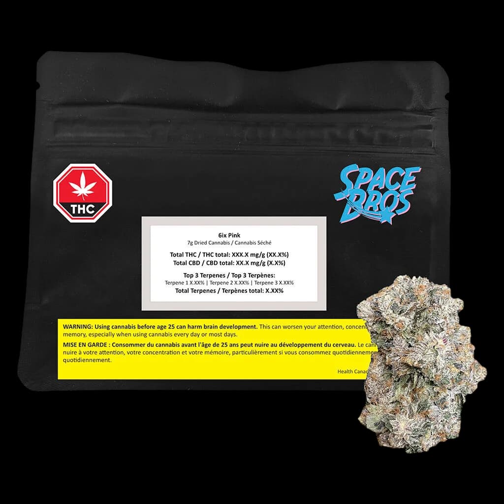 Space Bros 6ix Pink 7g dried flower cannabis with visible trichomes beside black packaging featuring THC warning and Health Canada label