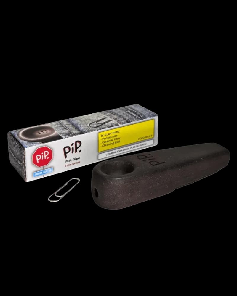 PIP clay pipe with ceramic filter, black stoneware, displayed with packaging and cleaning tool
