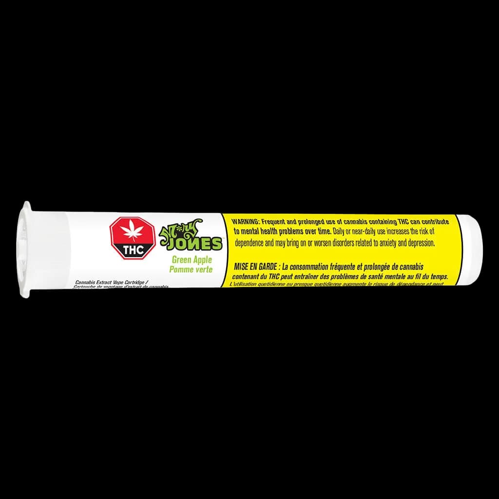 Mry Jones Green Apple cannabis vape cartridge with THC warning label and bilingual Health Canada warning