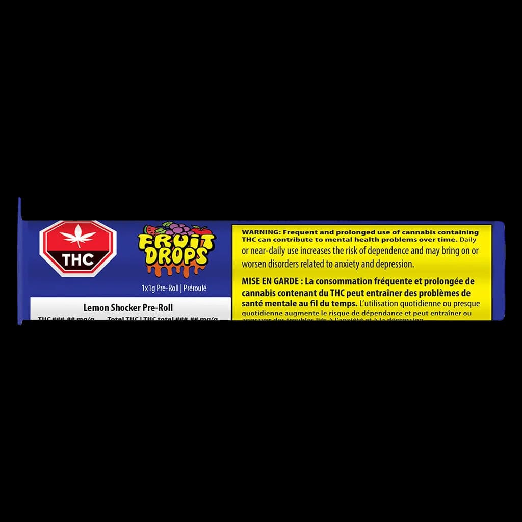 Emballage bleu de 1x1g de pré-roulé Lemon Shocker de Fruit Drops, avec logo THC et mise en garde de Santé Canada