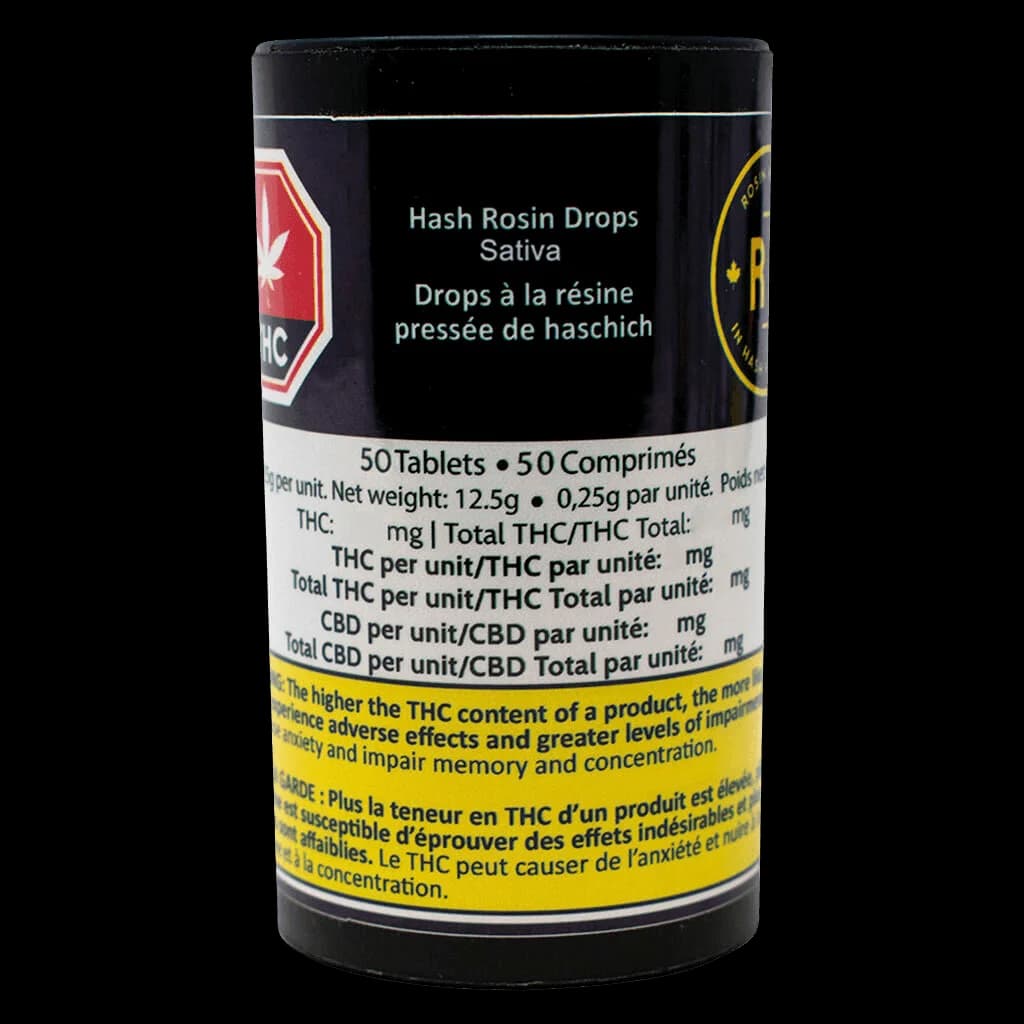 Hash Rosin Drops Sativa 50 tablets, 12.5g net weight cannabis concentrate capsules
