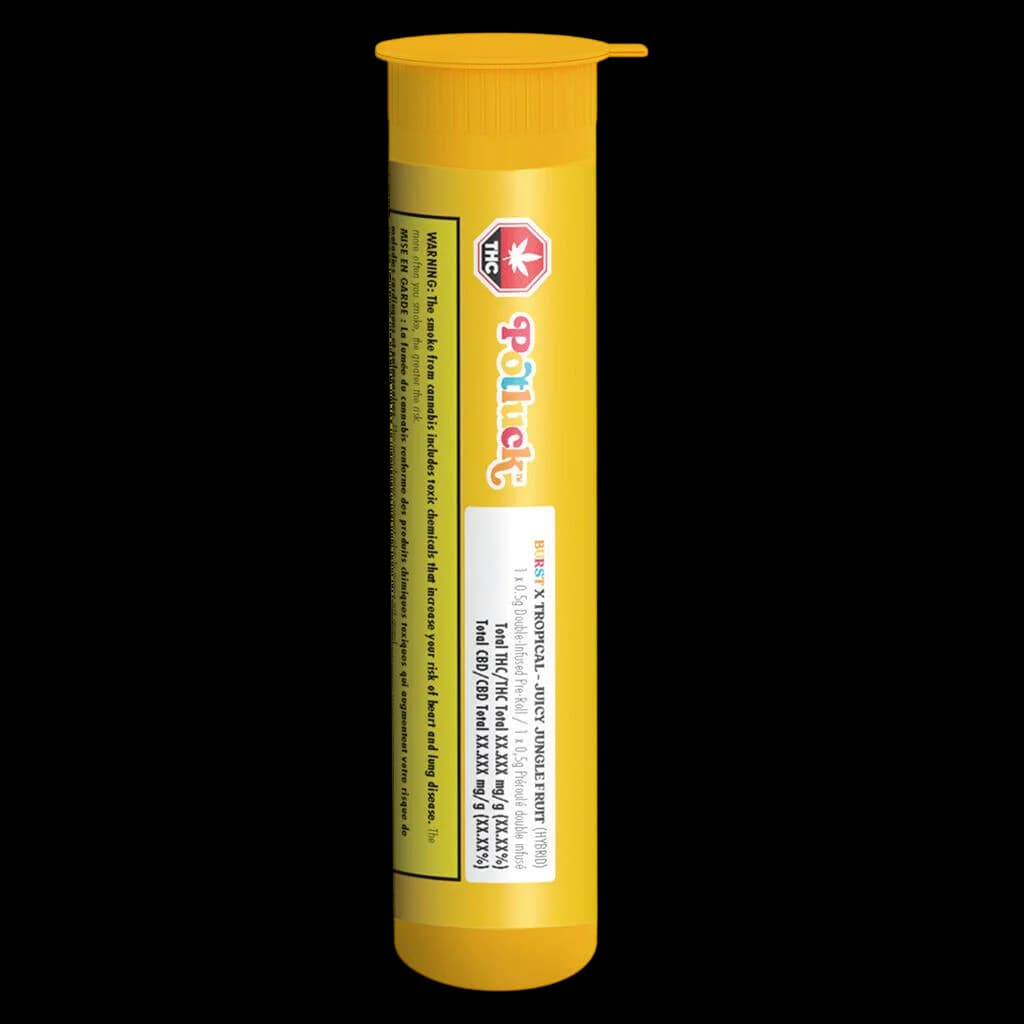 Potluck Juicy Jungle Fruit Infused Pre-Roll in yellow tube packaging with branded label and cannabis pre-roll product information