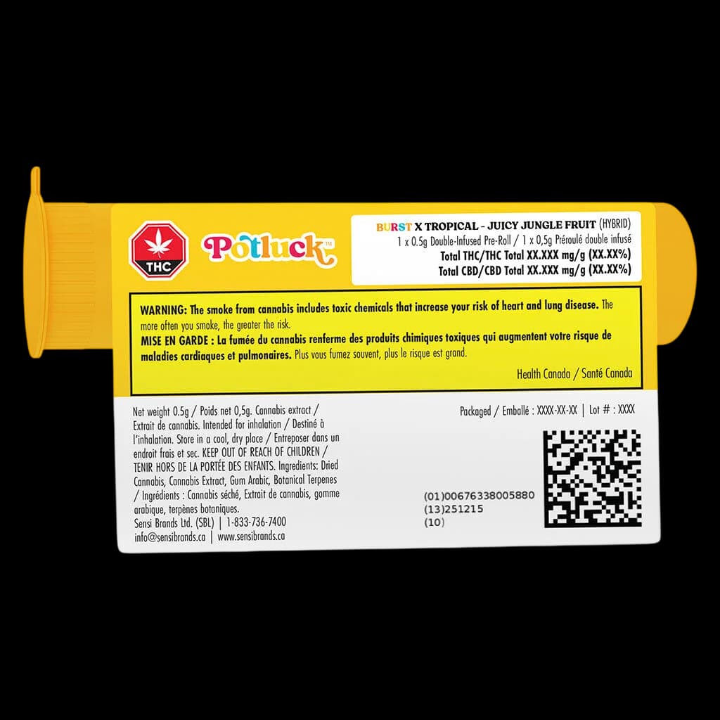 Potluck Burst x Tropical Juicy Jungle Fruit hybrid double-infused pre-roll 0.5g package with yellow packaging and Health Canada warning label