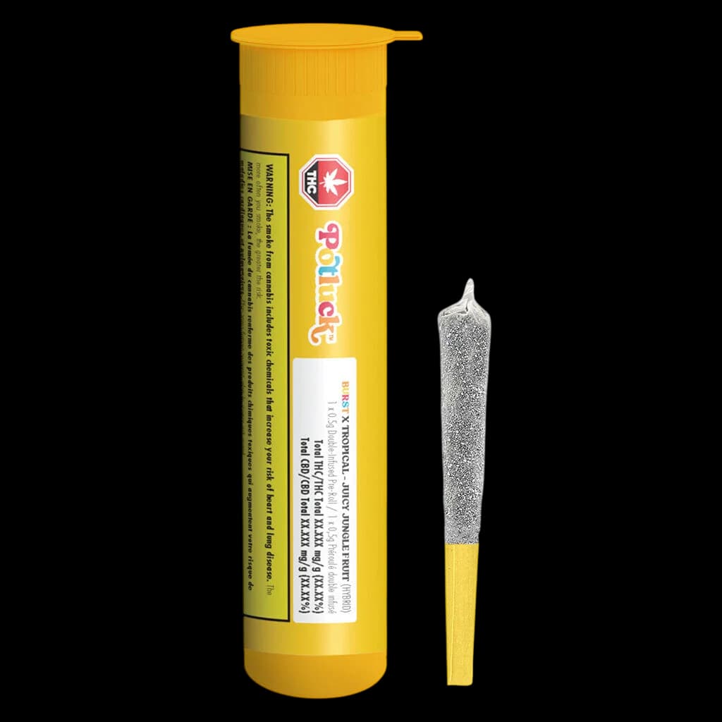 Potluck Juicy Jungle Fruit Infused Pre-Roll in yellow tube with single pre-roll displayed beside packaging