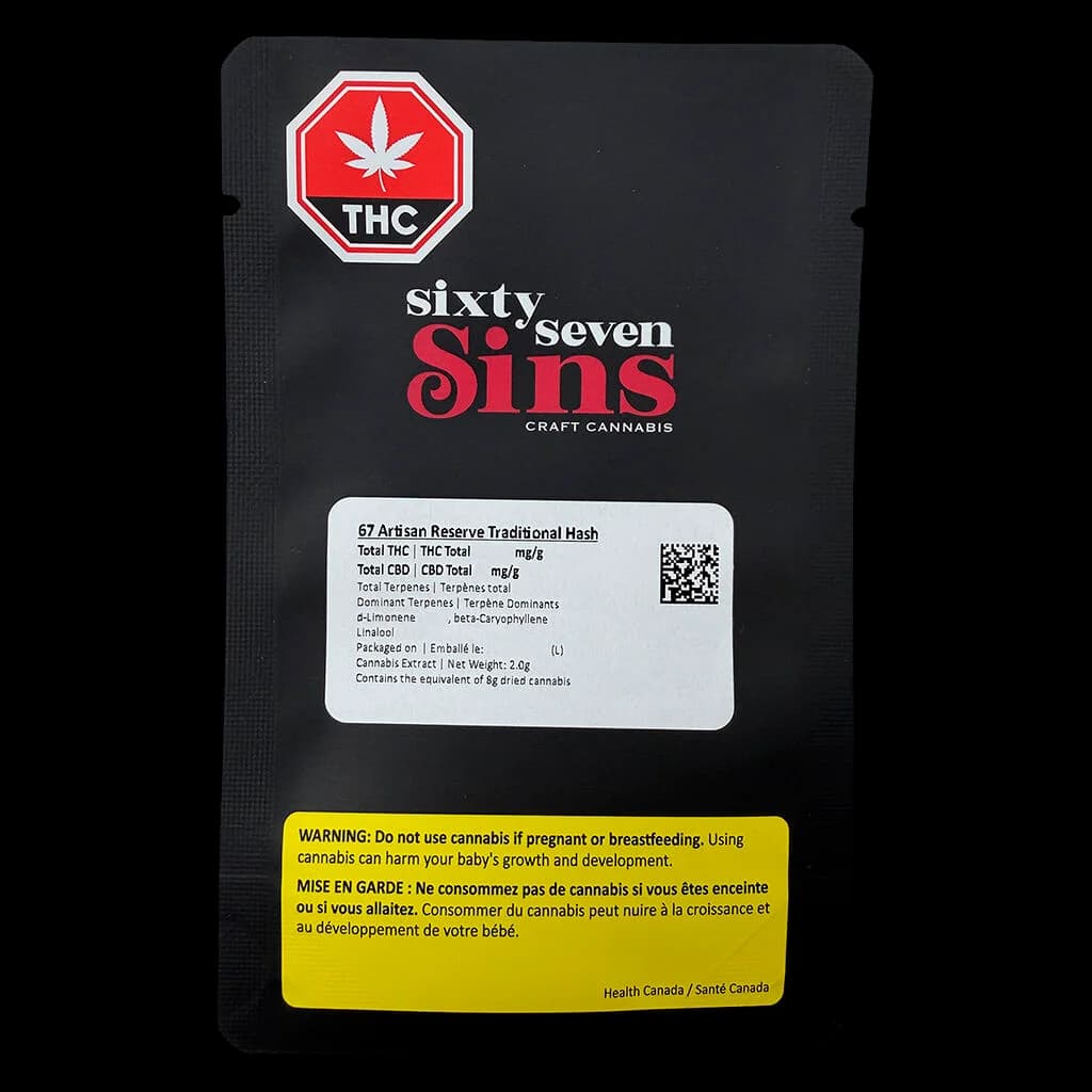 Sixty Seven Sins 67 Artisan Reserve Traditional Hash 2.0g cannabis concentrate pouch with THC warning symbol and Health Canada label