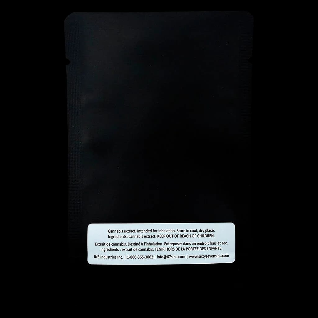 Sixty Seven Sins 67 Artisan Reserve Traditional Hash black pouch, rear label showing cannabis extract storage and safety instructions