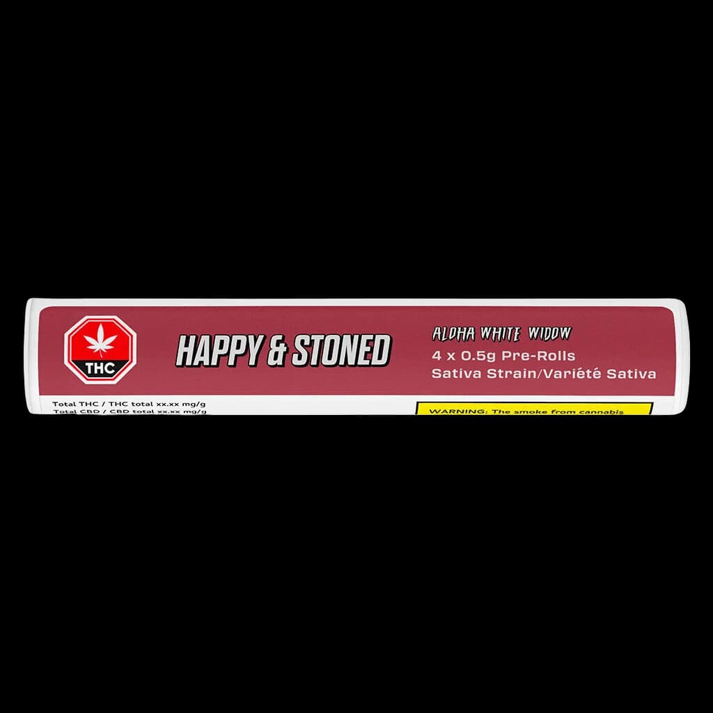 Happy & Stoned Aloha White Widow 4 × 0.59g pre-roll pack with red packaging and THC symbol