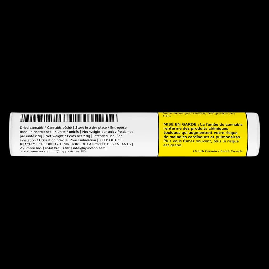 Aloha White Widow pre-roll package rear with barcode, bilingual usage instructions, and yellow Health Canada health warning label