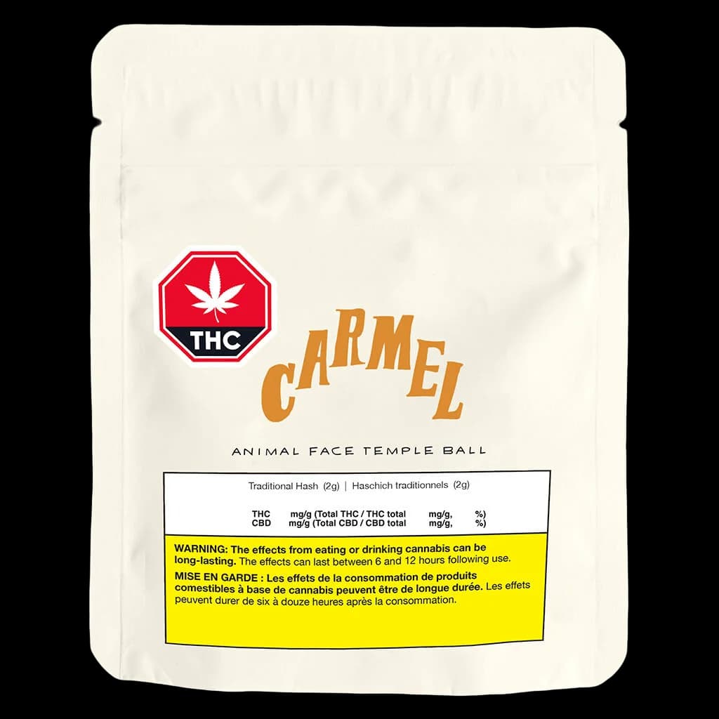 Carmel Animal Face Temple Ball 2g traditional hash package with red THC warning symbol and yellow Health Canada warning label