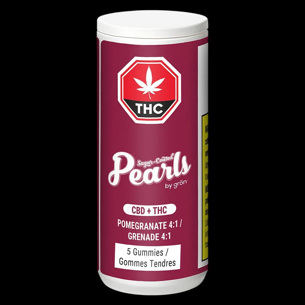 Perles enrobées de sucre Grön saveur grenade CBD+THC 4:1, emballage de 5 gommes avec étiquette bordeaux