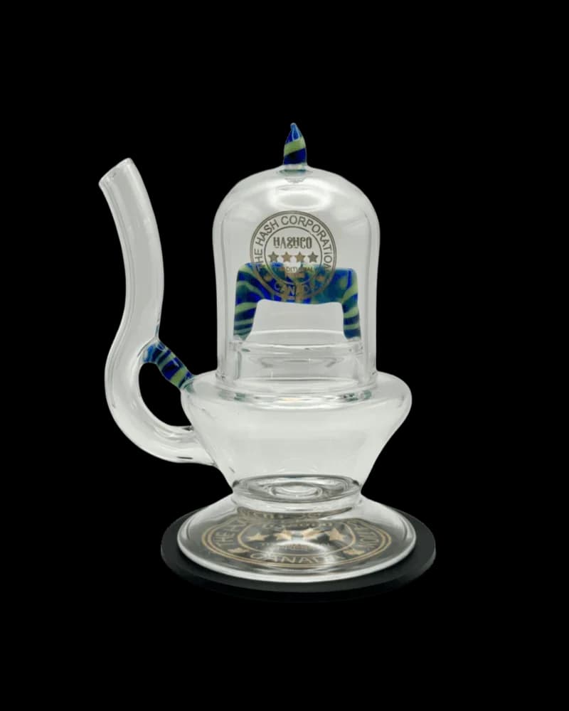 HashCo Hash Lantern glass water pipe with blue and green striped accents and black base