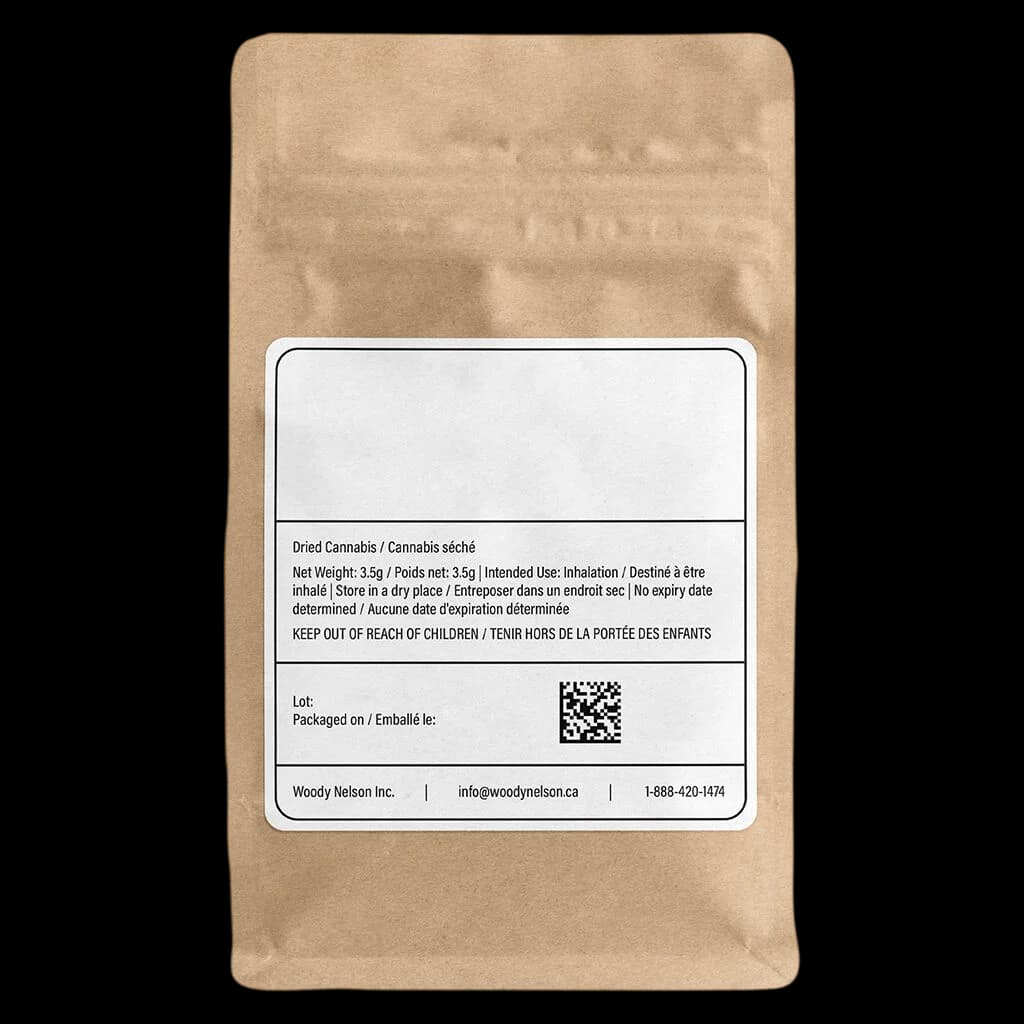 Woody Nelson Sunset Sherbet 3.5g dried cannabis flower in kraft pouch with white regulatory label