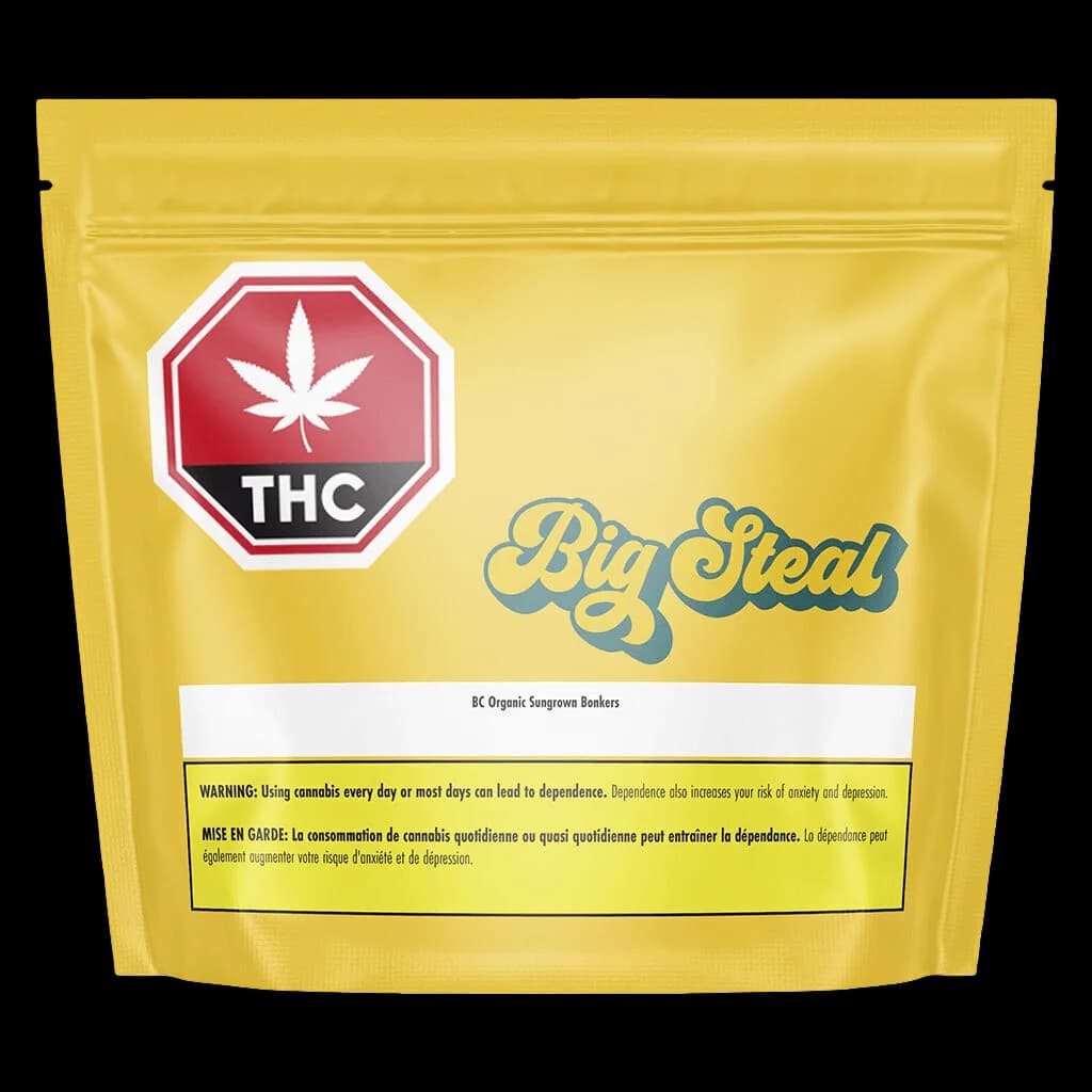 Big Steal BC Organic Sungrown Bonkers dried flower in yellow pouch with red THC warning symbol