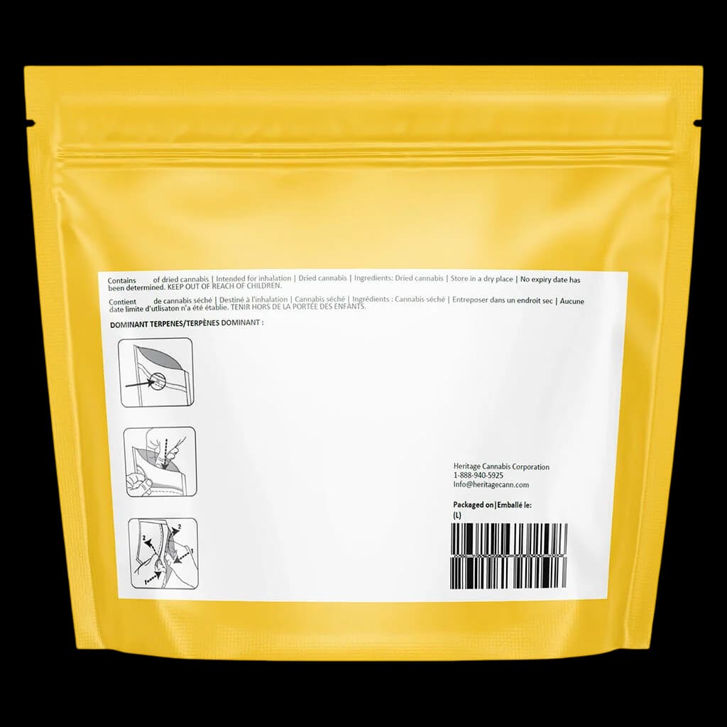 Big Steal BC Organic Sungrown Bonkers dried cannabis flower in yellow resealable pouch with white label showing terpene icons and barcode