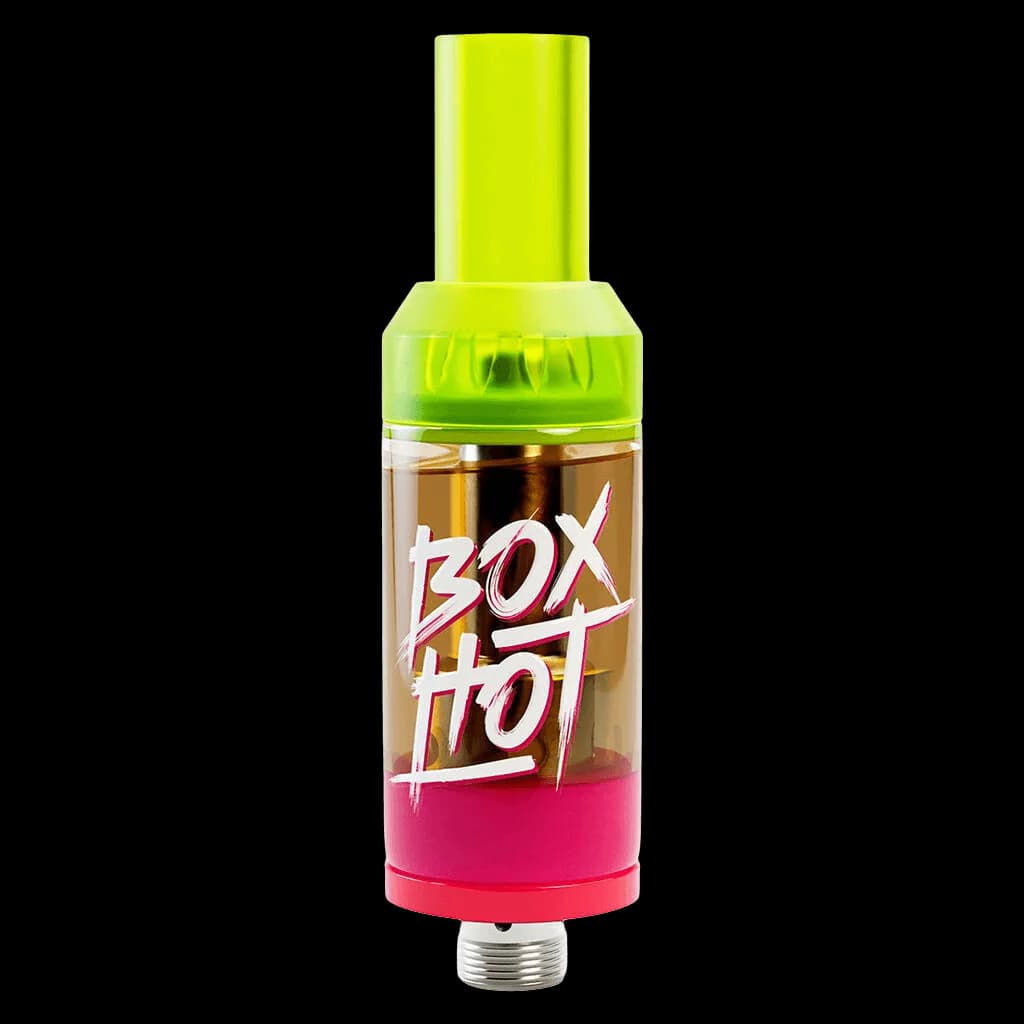 BOXHOT Passion Punk 510 thread vape cartridge with lime green mouthpiece, amber oil chamber, and pink base