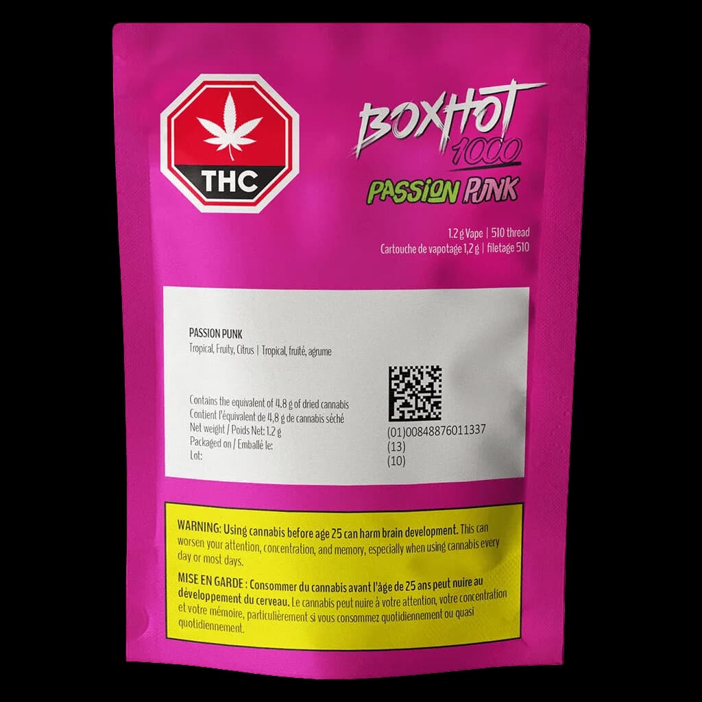 BOXHOT Passion Pink 1.2g vape cartridge 510 thread with tropical fruity citrus flavour profile