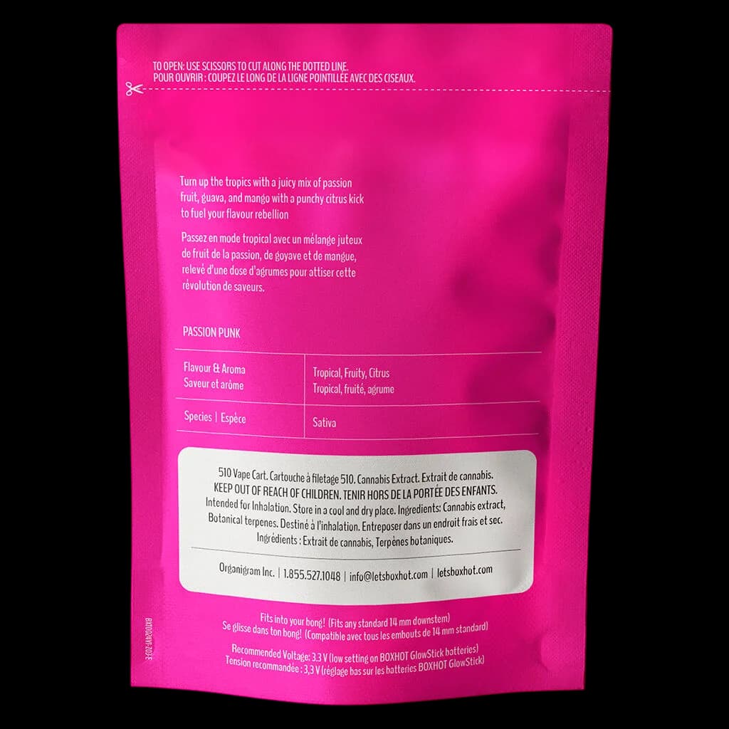 BOXHOT Passion Punk 510 vape cartridge package with tropical fruit flavor profile and usage instructions on bright pink packaging