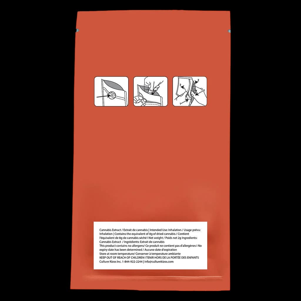 Sheeesh! O.G. Hash cannabis extract pouch with three instruction icons and bilingual usage text on back