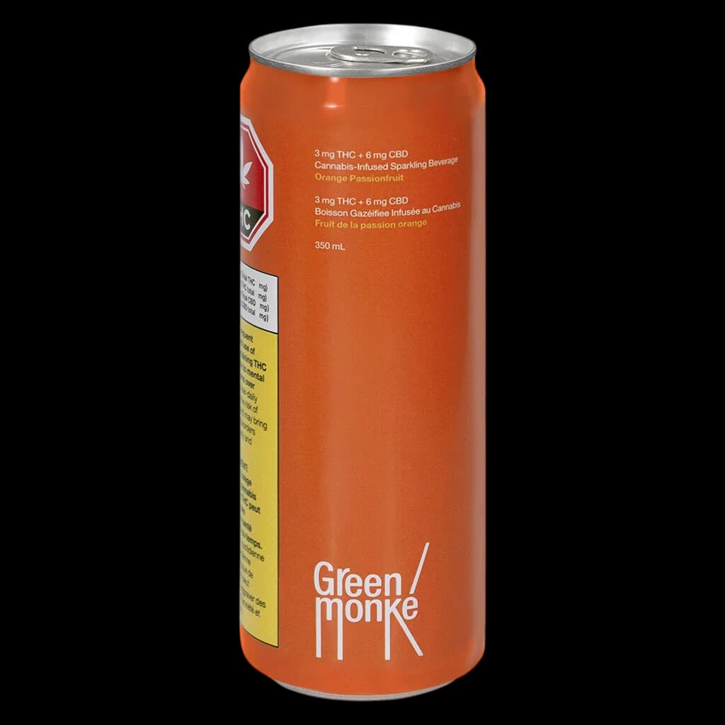 Green Monké Orange Passionfruit cannabis-infused sparkling beverage, 350mL can with 3mg THC and 6mg CBD