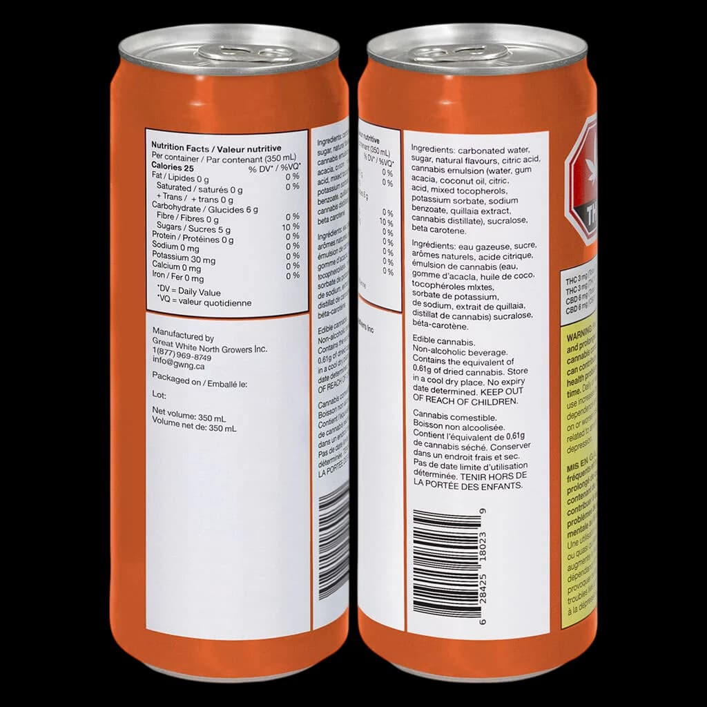 Boisson au cannabis Green Monké à l'orange et aux fruits de la passion, canette de 350 mL, affichant les étiquettes avant et arrière avec les informations nutritionnelles et les ingrédients