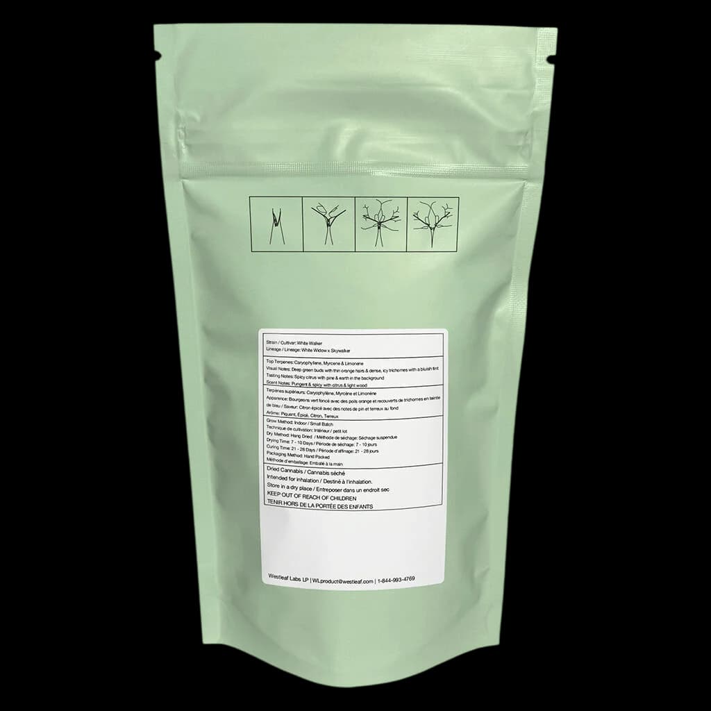 Fleur de cannabis séchée White Walker de Qwest dans une pochette vert pâle avec des icônes des stades de croissance de la plante et une étiquette réglementaire