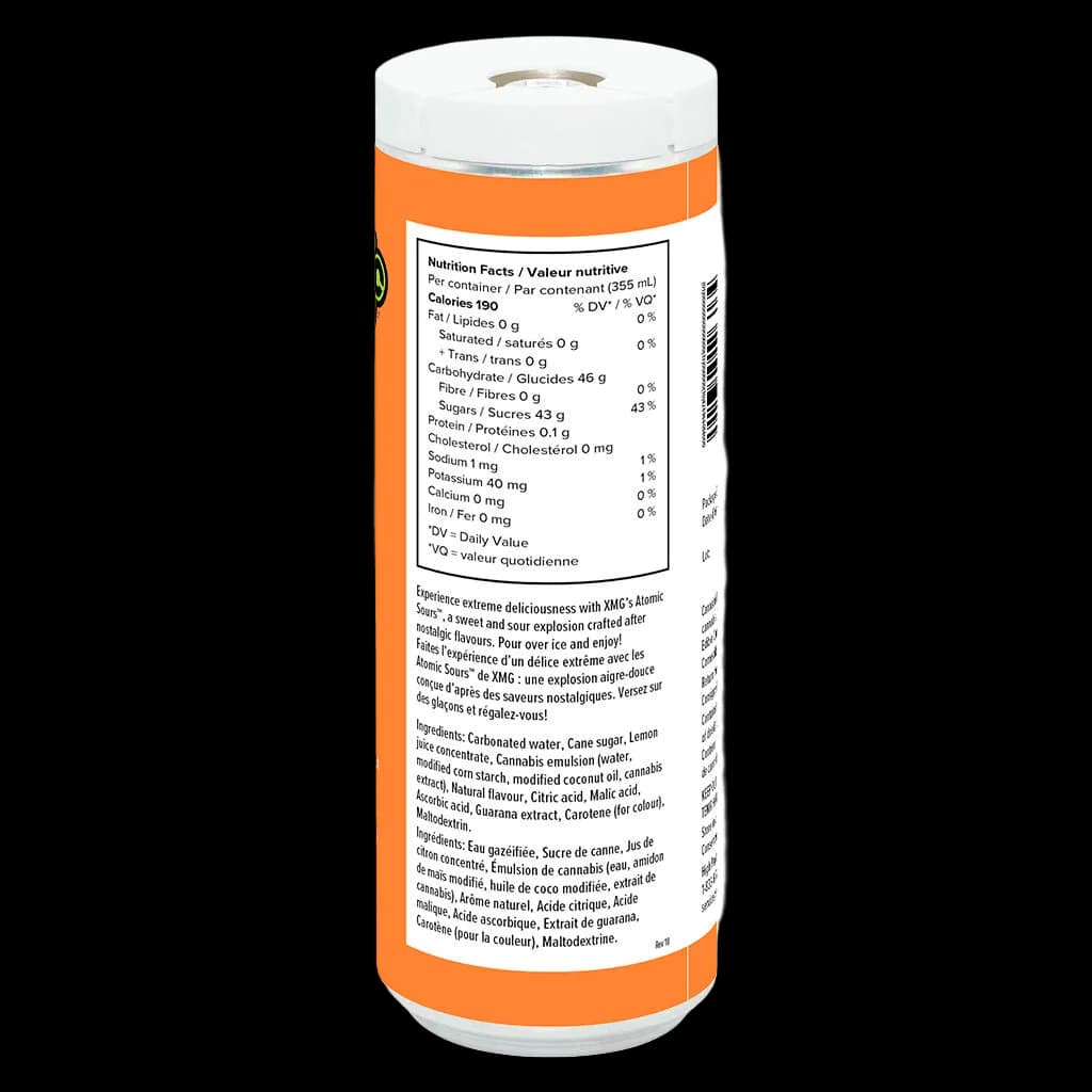 XMG Atomic Sours FOGgy Peaches cannabis beverage can with nutrition facts and bilingual ingredients label visible