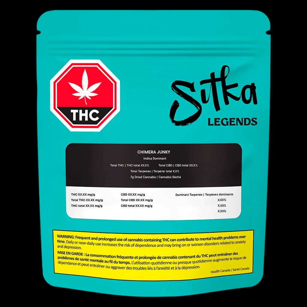 Sitka Legends Chimera Junky 7g dried cannabis flower pouch with turquoise packaging, red THC symbol, and Health Canada warning label