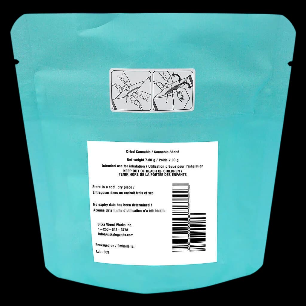 Sitka Legends Chimera Junky 7.0g dried cannabis flower in turquoise resealable pouch with label showing usage instructions and barcode