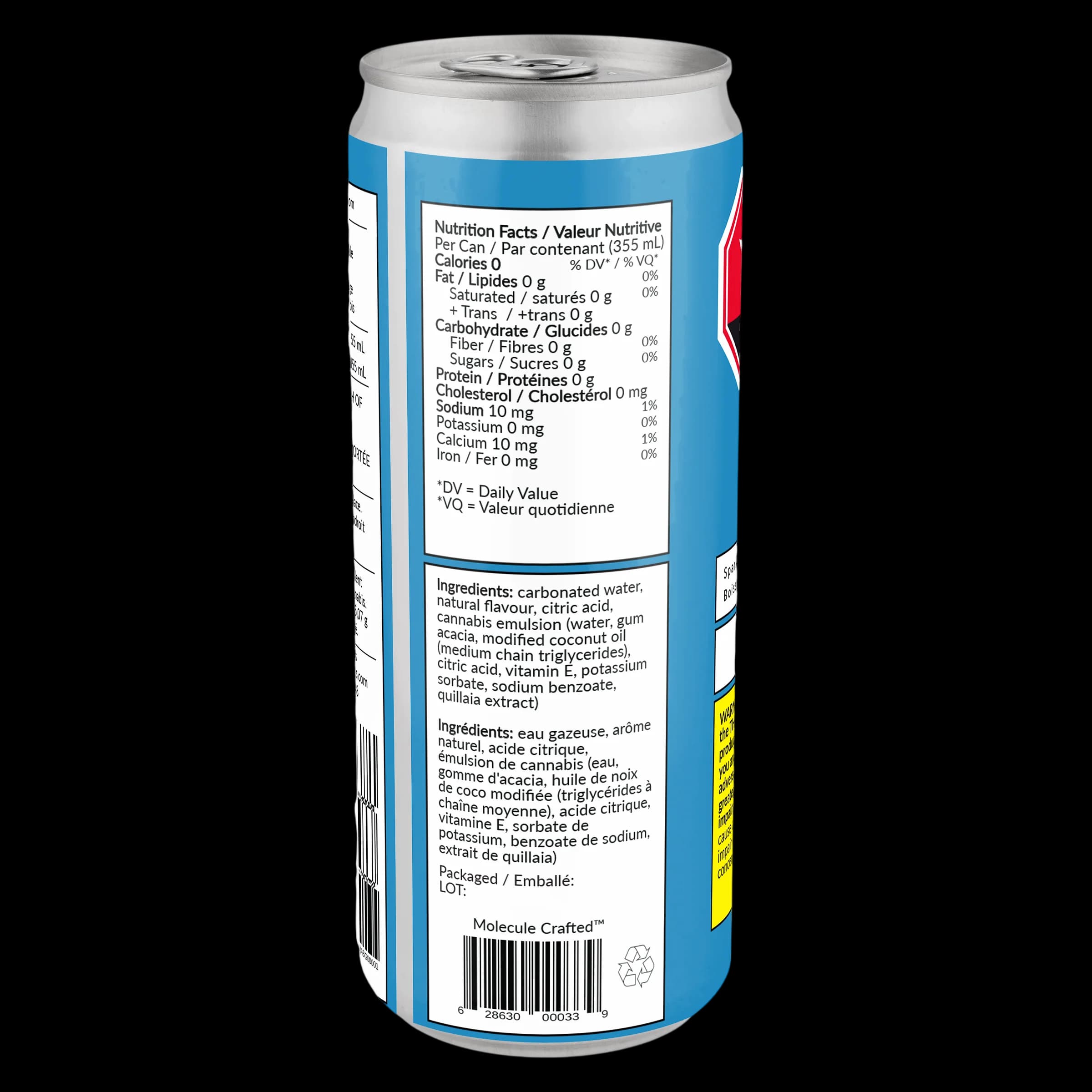 Phresh Blue Raspberry cannabis beverage 355mL can showing nutrition facts, ingredients, and barcode on rear label
