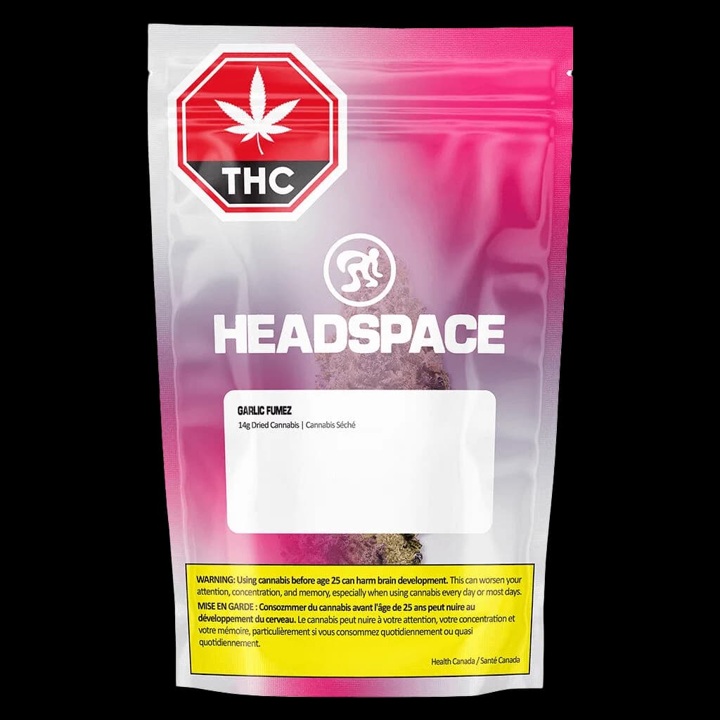 Sachet de 14 g de fleurs de cannabis séchées Garlic Fumez de Headspace avec emballage en dégradé rose et étiquette d'avertissement THC rouge