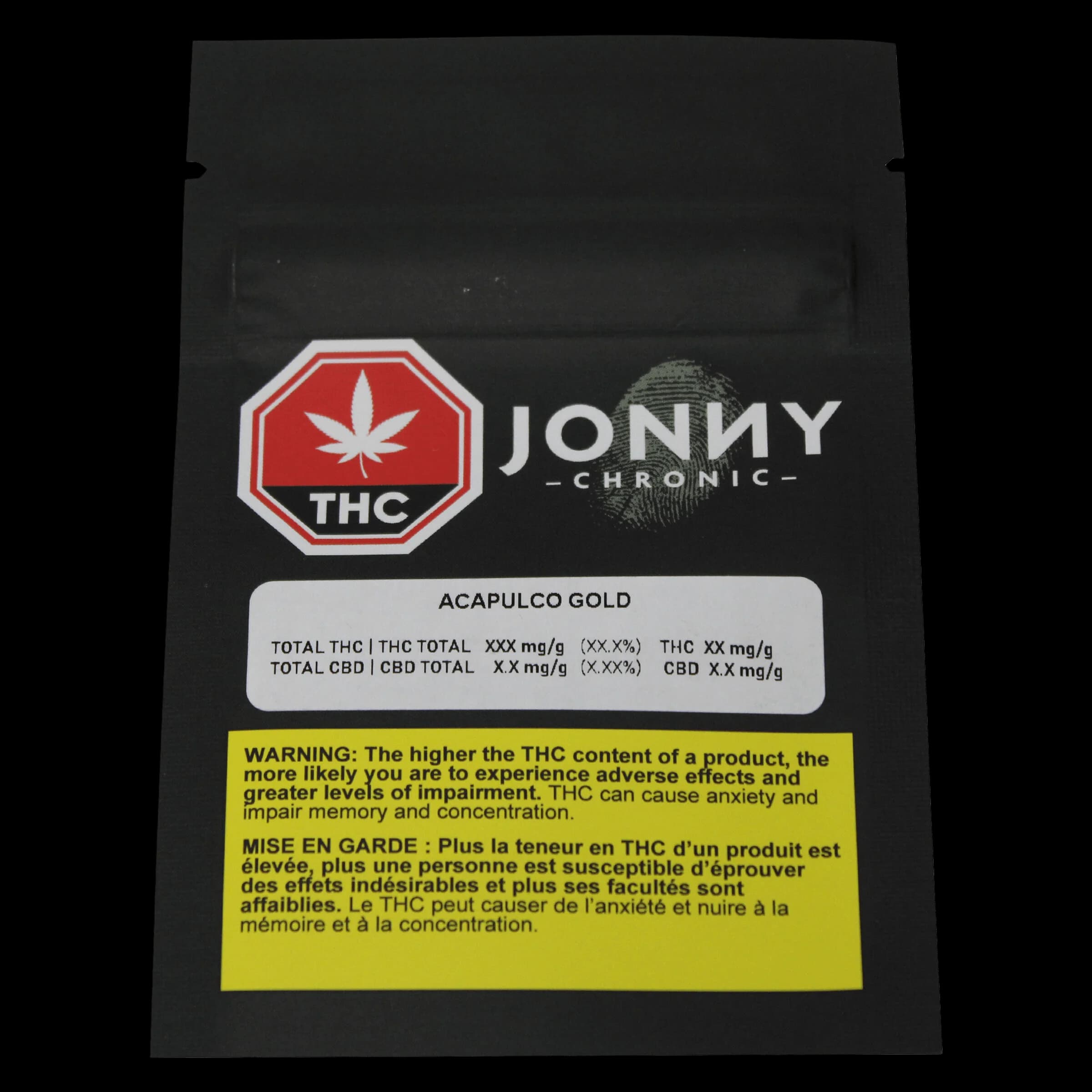 Sachet de fleurs séchées de cannabis Acapulco Gold de Jonny Chronic avec symbole d'avertissement THC rouge et étiquette d'avertissement jaune de Santé Canada