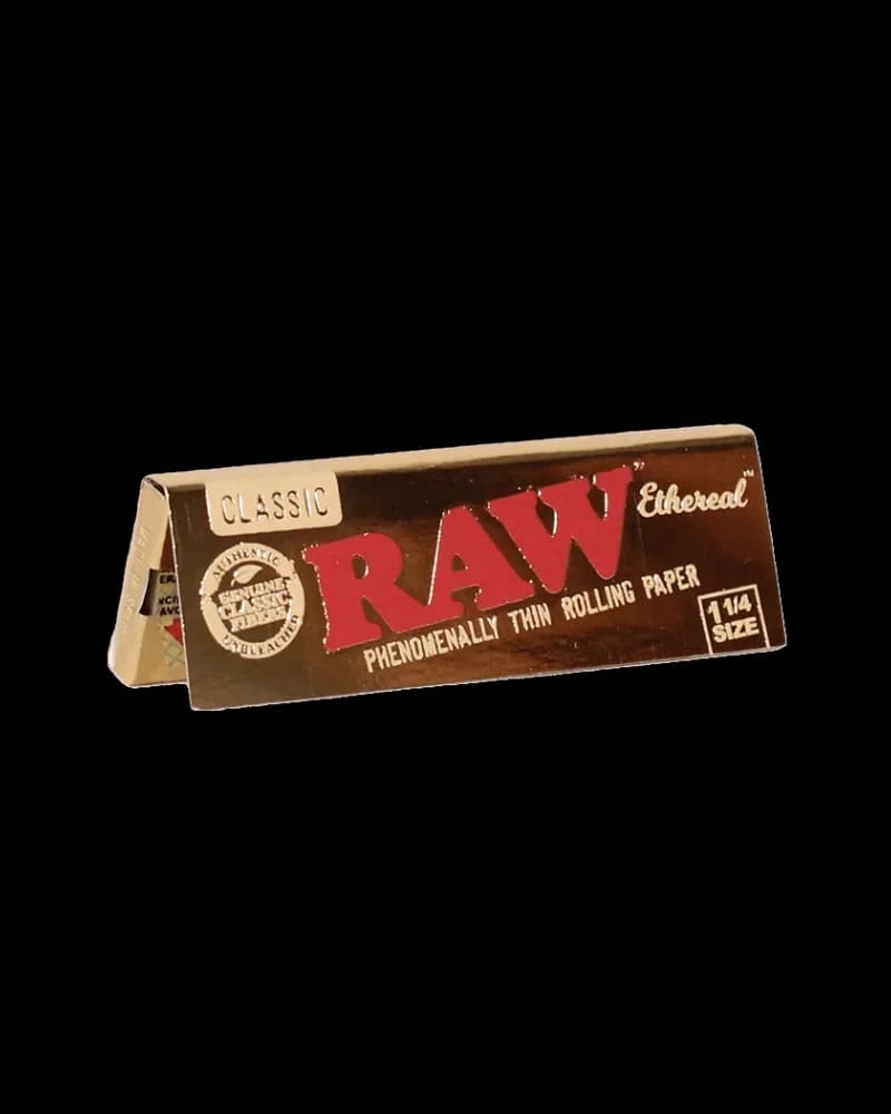 RAW Classic 1 1/4 size phenomenally thin rolling paper pack with brown and red packaging