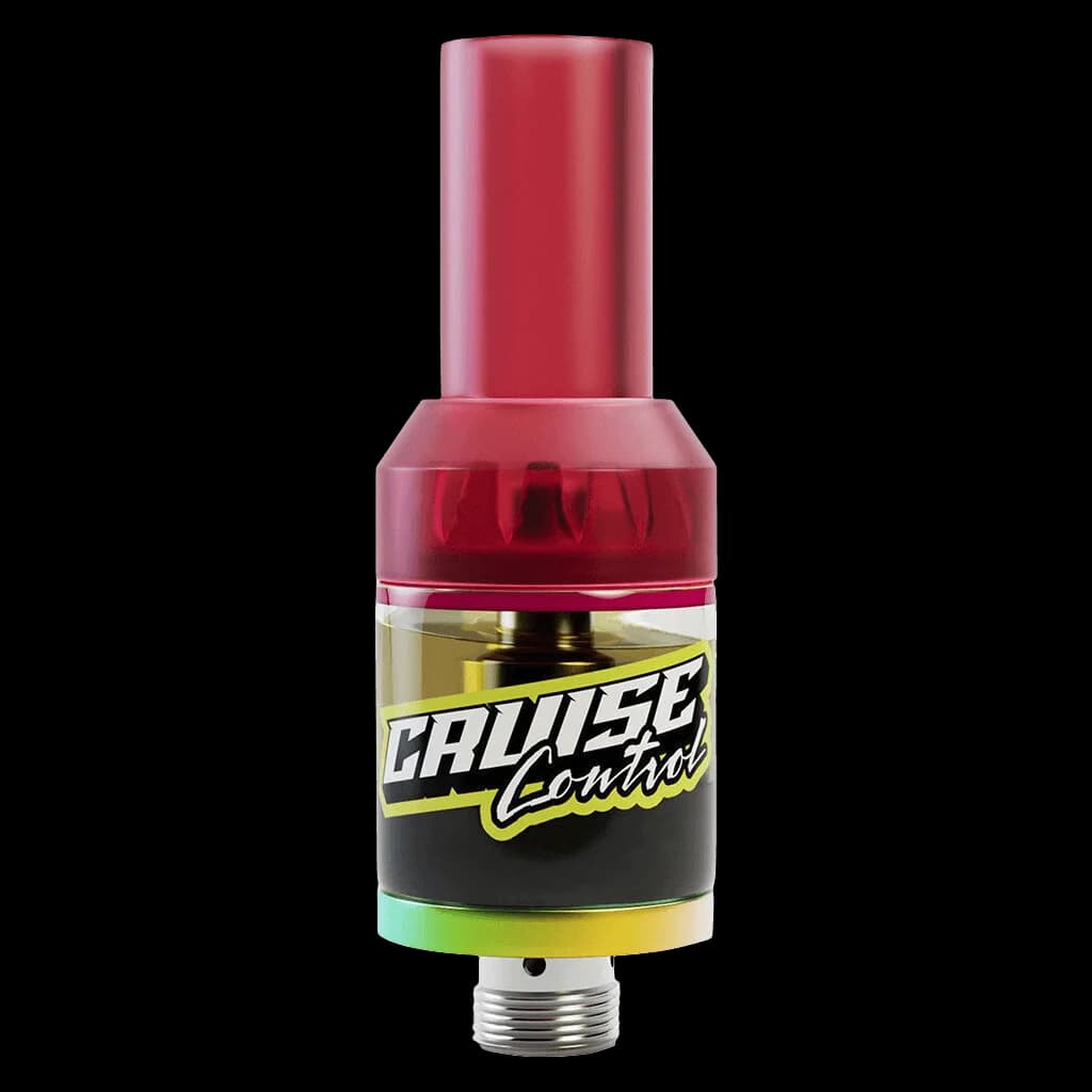 Cartouche de vapotage 510 Nitro THC + CBG de Cruise Control avec capuchon rouge et étiquette jaune et noire