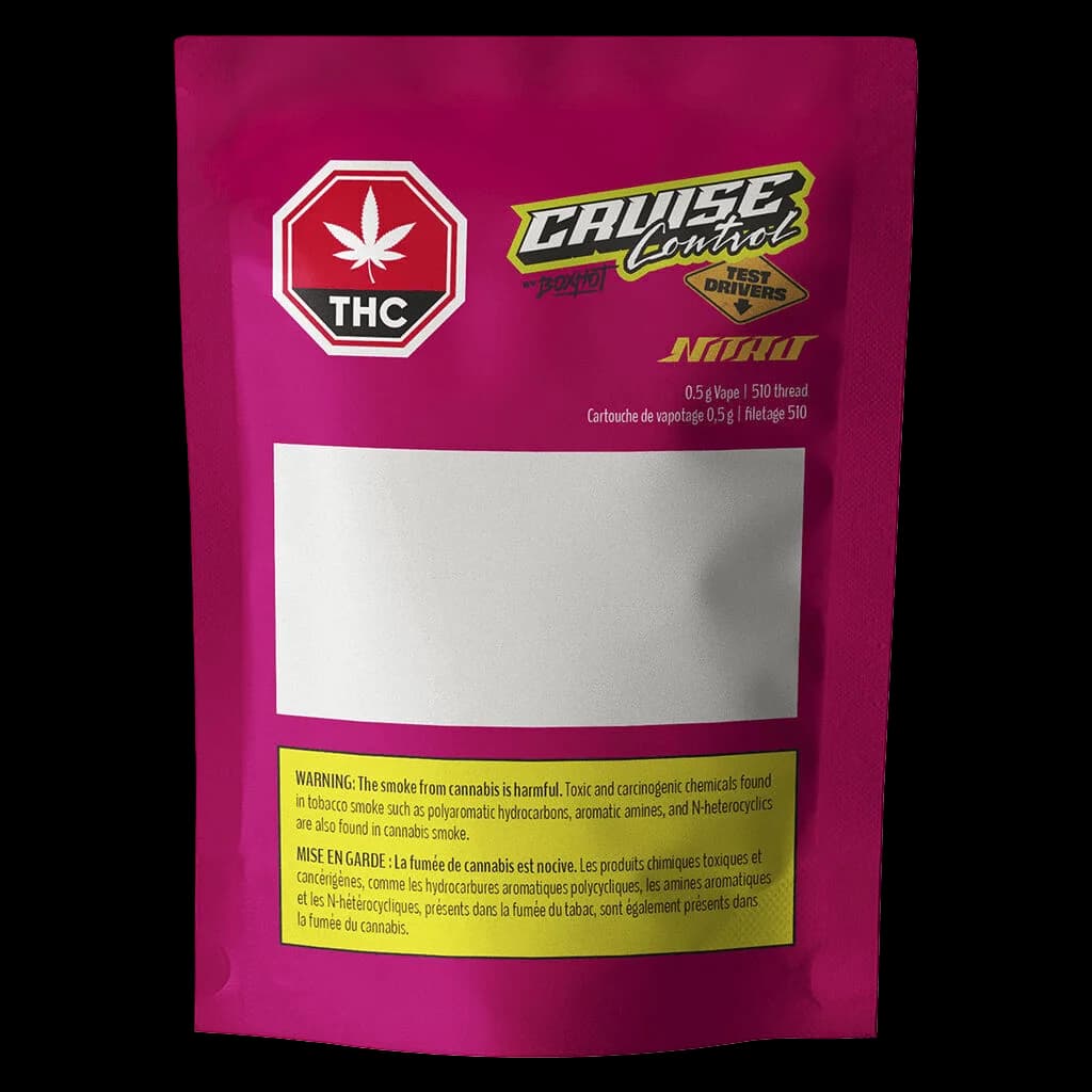 Cartouche de vapotage 510 Nitro de Cruise Control Test Drivers de 0,5 g avec fond magenta et étiquette d'avertissement THC