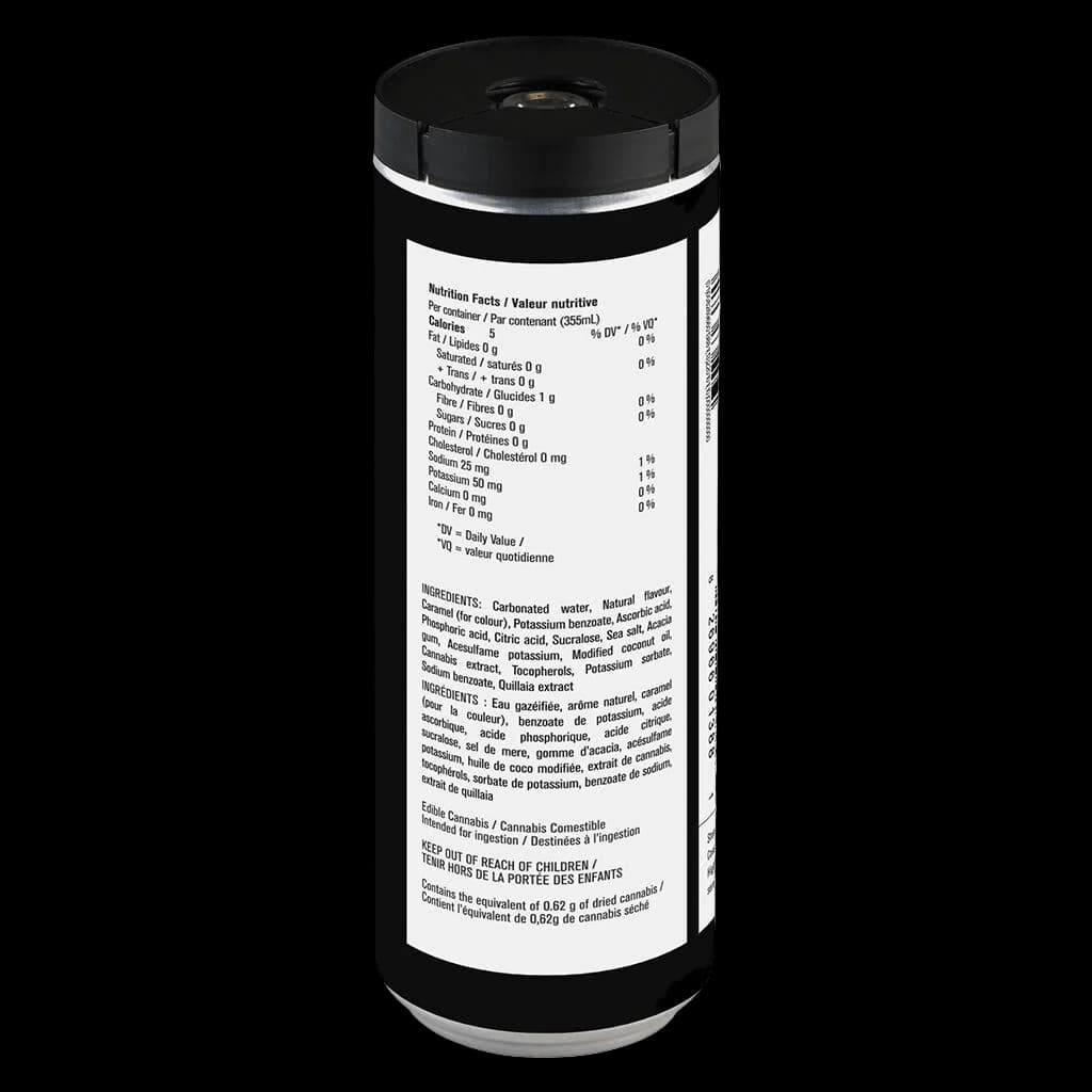 M*ry Jones Zero Col. Ahhhhh cannabis beverage can with nutrition facts and bilingual ingredient label visible