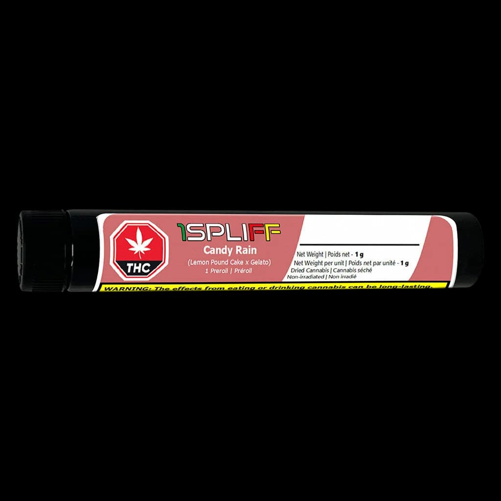 Pré-roulé 1Spliff Candy Rain, 1 g, variété lemon pound cake x gelato dans un tube noir avec étiquette rouge