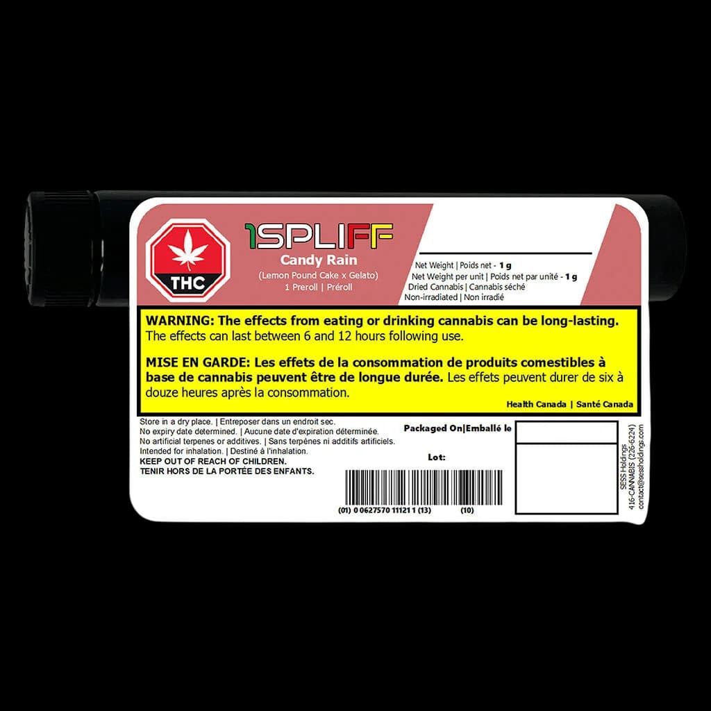 Pré-roulé 1Spliff Candy Rain de 1g avec embout en verre, souche Lemon Pound Cake x Gelato