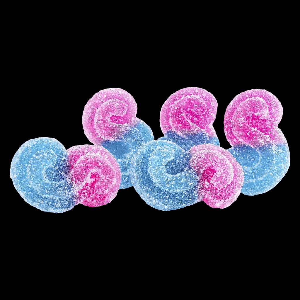 SOURZ by Spinach blue raspberry watermelon indica soft chews, pink and blue sugar-coated gummies