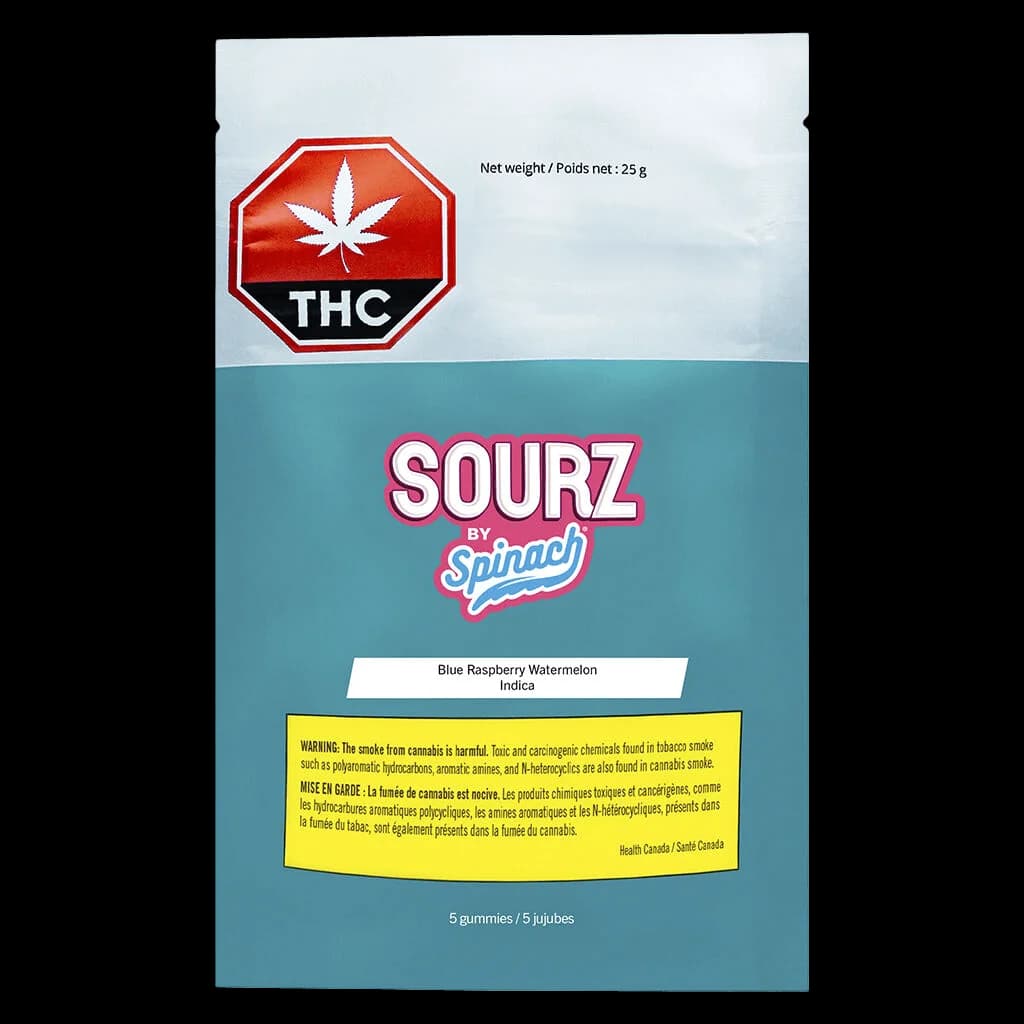SOURZ by Spinach Blue Raspberry Watermelon Indica 25g package, 5 gummies, with red THC warning symbol and yellow Health Canada warning label