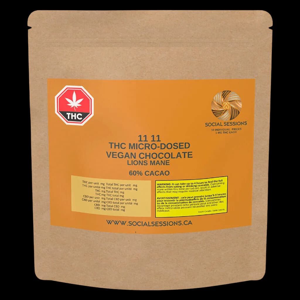 Pochette de 10 chocolats végétaliens micro-dosés au THC Social Sessions 11 11 à la crinière de lion, cacao 60 %, avec étiquette orange et symbole d'avertissement THC rouge