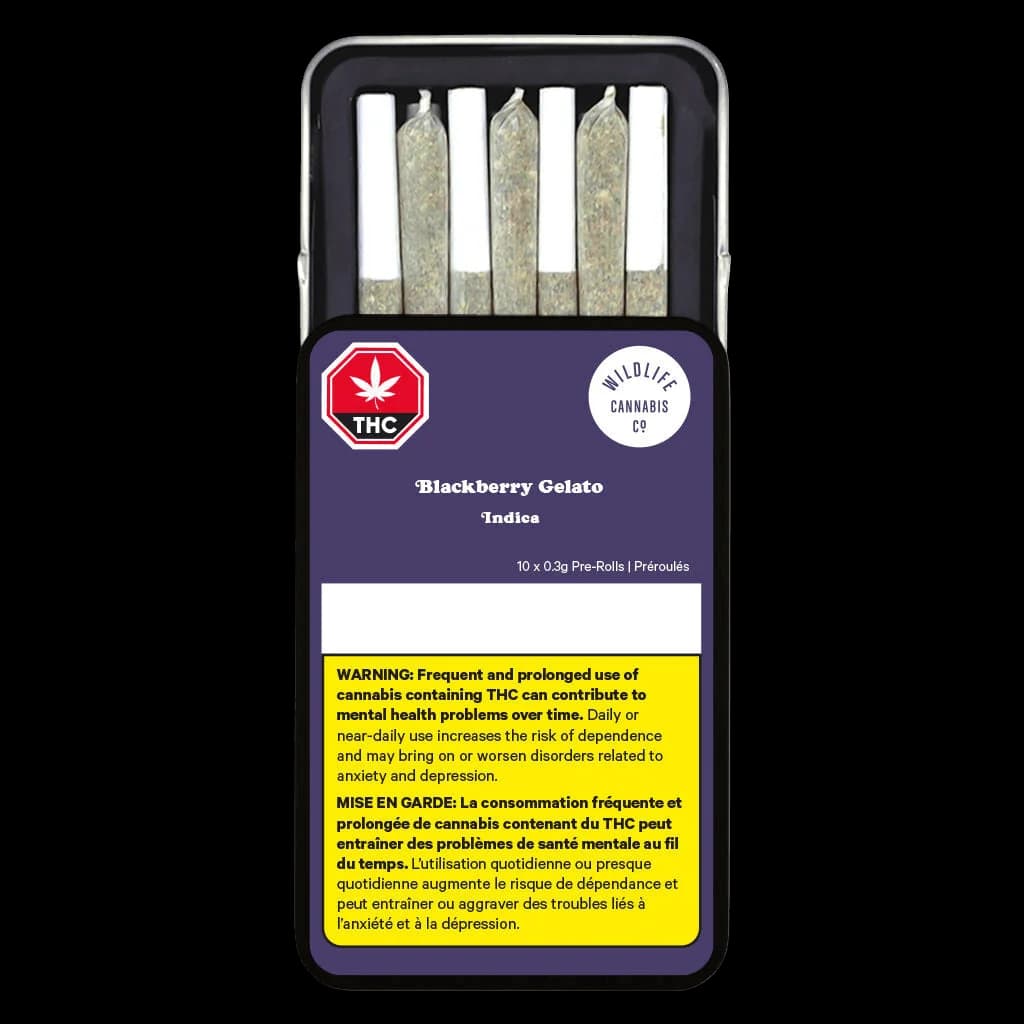Pré-roulés Indica Blackberry Gelato de Wildlife Cannabis Co., paquet de 10 joints de 0,3 g dans un emballage violet avec symbole d'avertissement THC