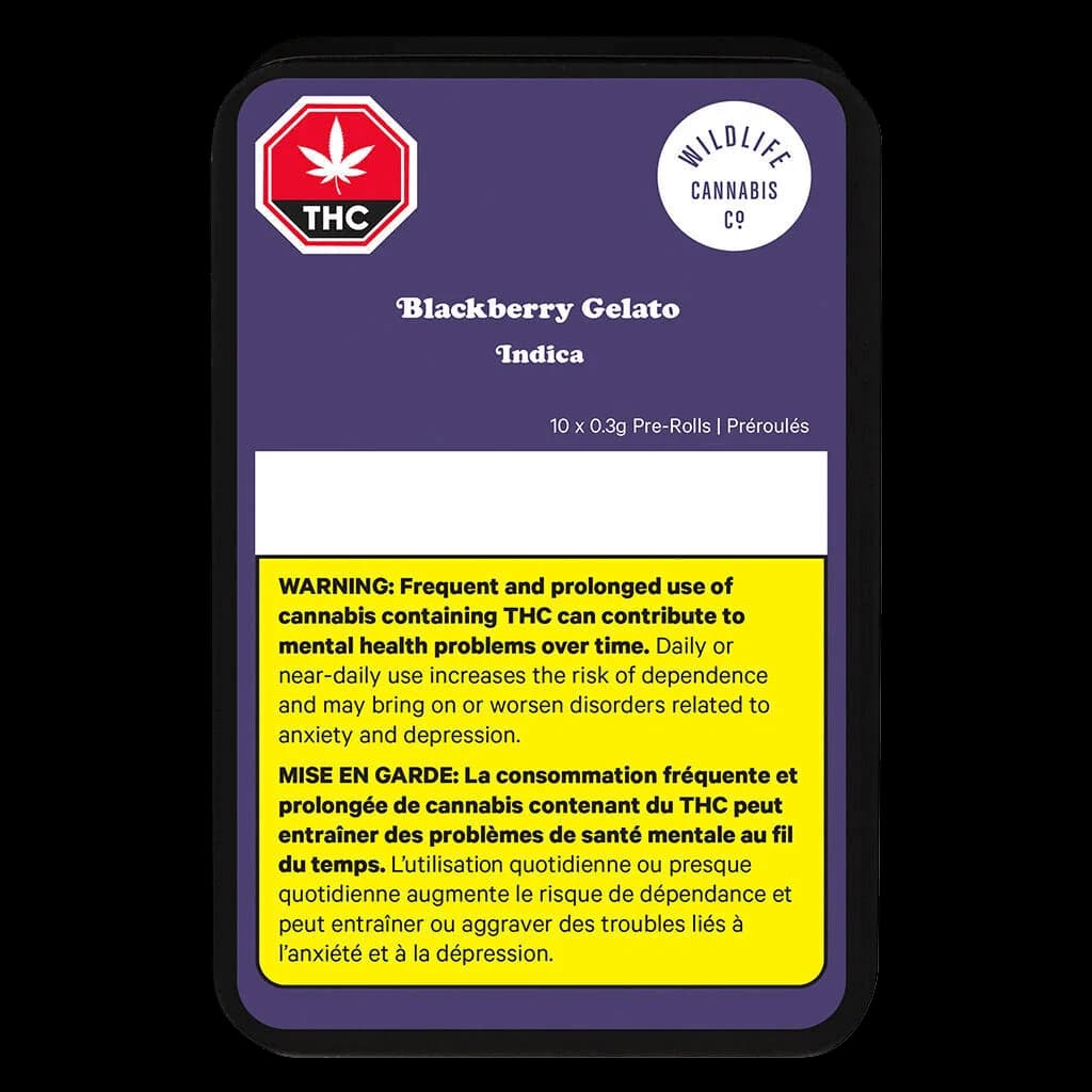 Wildlife Cannabis Co. Blackberry Gelato Indica pre-rolls, 10 x 0.3g pack with THC warning label on purple packaging