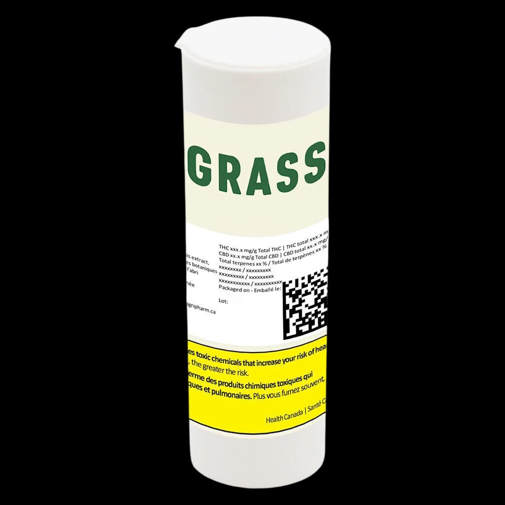 Emballage de pré-roulé Granddaddy Purple de Grass avec étiquette crème, image de marque en texte vert et étiquette d'avertissement jaune de Santé Canada