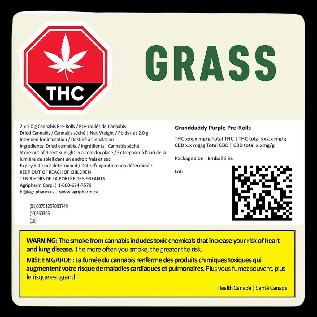 Emballage arrière de préroulés Granddaddy Purple de Grass, 2 x 1,0 g, avec étiquette d'avertissement THC et renseignements sur le produit de préroulé de cannabis