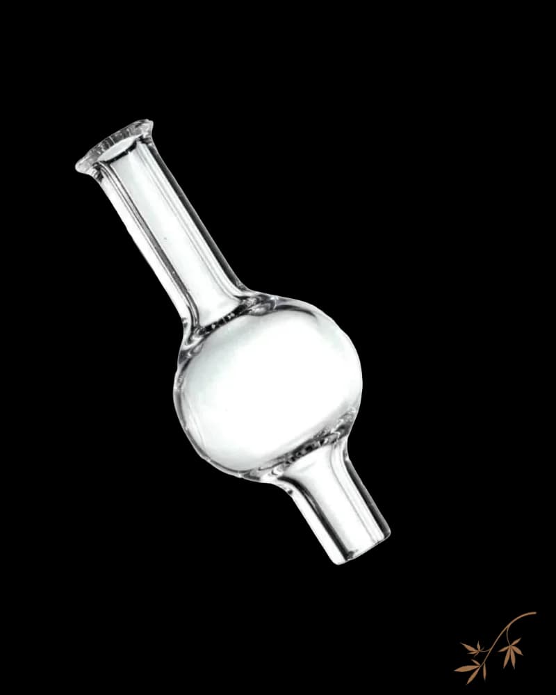Clear glass water pipe with rounded bowl chamber and angled stem, cannabis smoking accessory