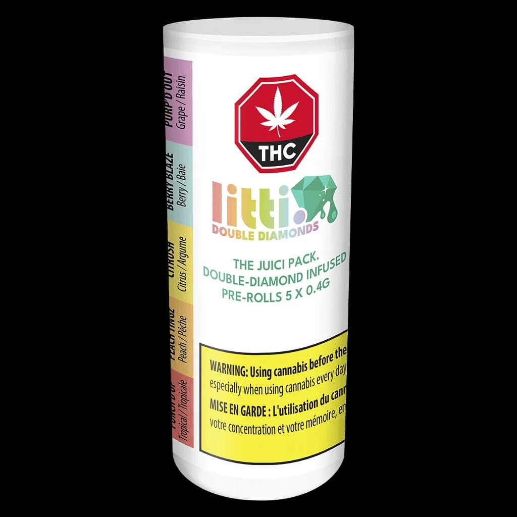 Litti Double Diamonds The Juici Pack, 5 x 0.4g double-diamond infused pre-rolls with THC warning label and bilingual health caution