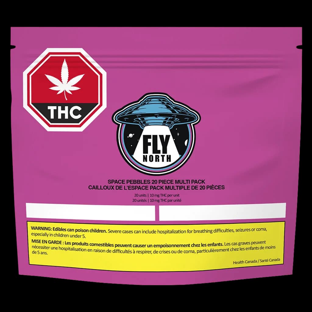 Fly North Space Pebbles 20-piece THC edible multi pack, 10mg THC per unit, purple pouch with red THC warning symbol