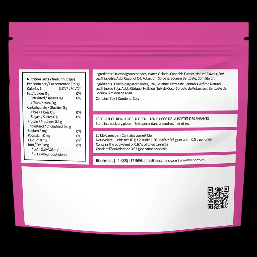 FLY NORTH Space Pebbles 10g multi-pack back label showing nutrition facts, ingredients, cannabis dosage, and storage instructions